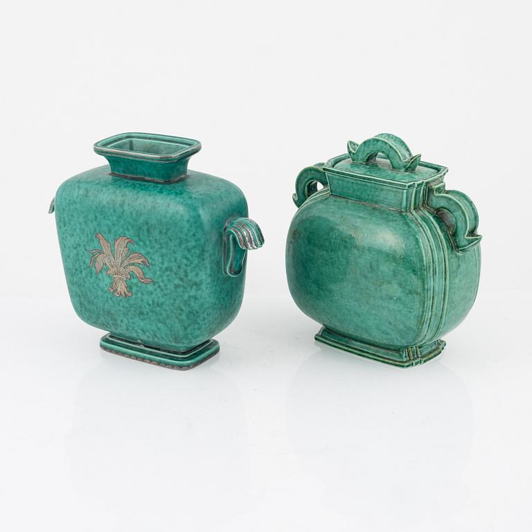 Wilhelm Kåge, vase  "Argenta", Gustavsberg, and green vase with lid.