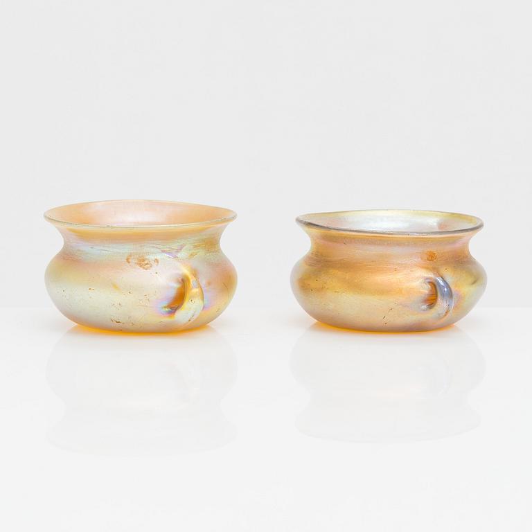 Louis Comfort Tiffany, a pair of glass salt cellars, marked LCT 9823, USA early 20th century.