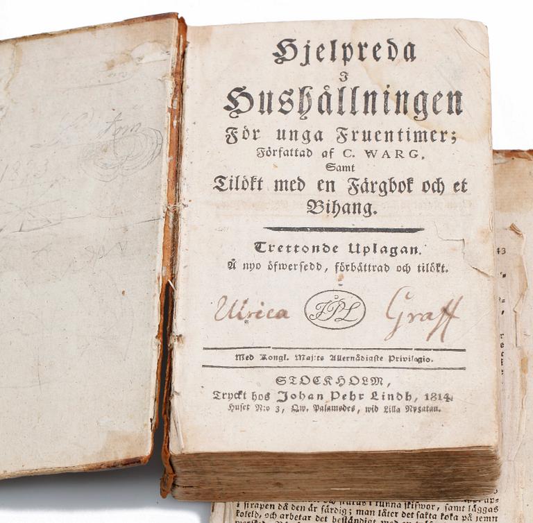 BOK, "Hjelpreda i hushållningen för unga fruentimmer samt tilökt med en färgbok och et bihang", Cajsa Warg, trettonde upplagan 1814.