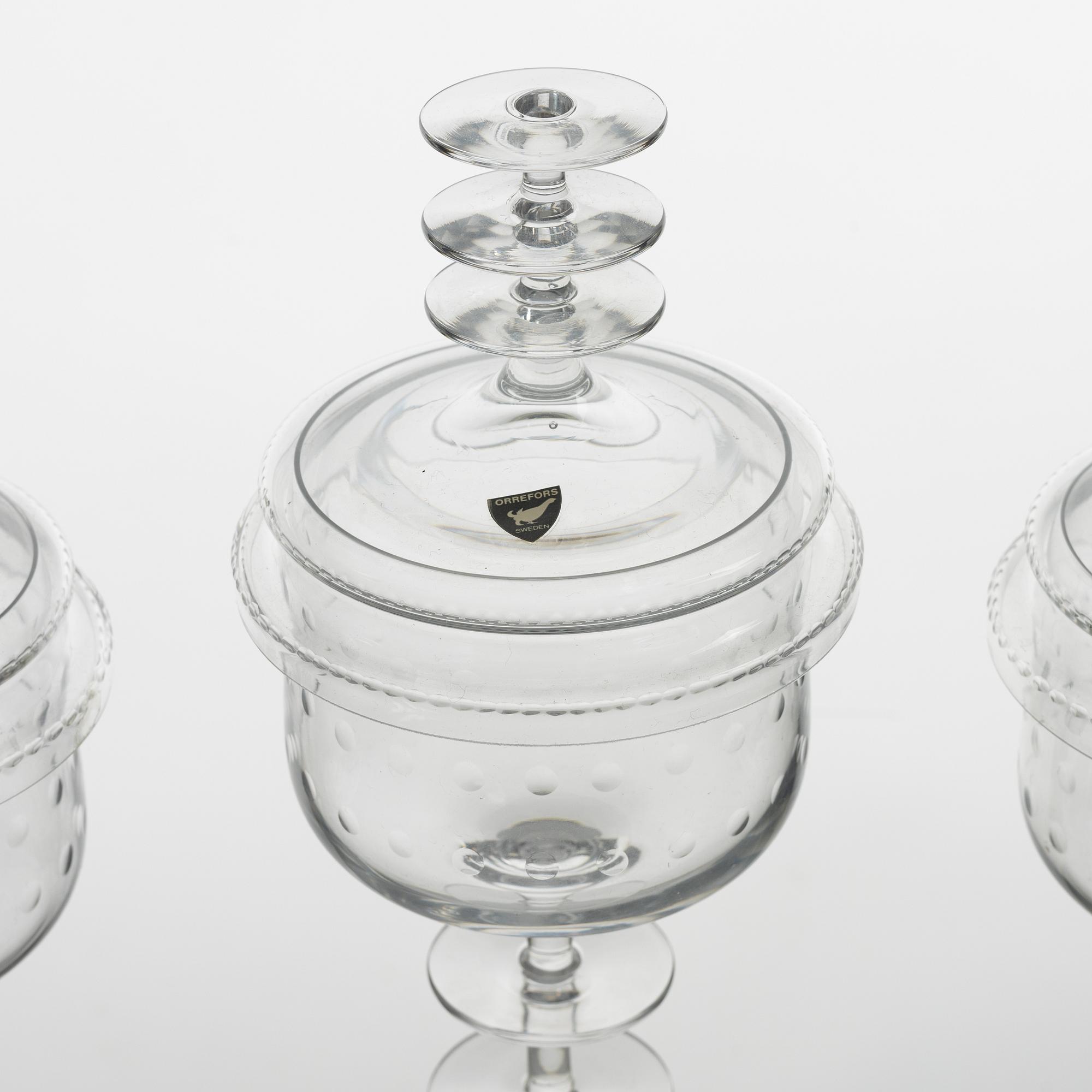 Nils Landberg, three lidded glass cups, Sandviks, Sweden, 1960's.