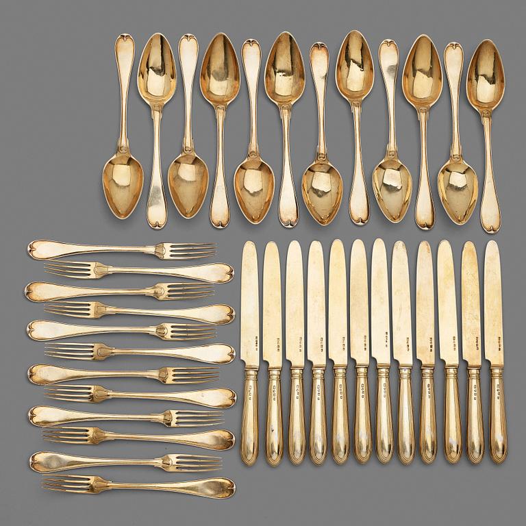 A Swedish 19th / 20th century 36 piece silver-gilt dessert-cutlery, mark of JP Gonvall, Stockholm 1818-1821 and.