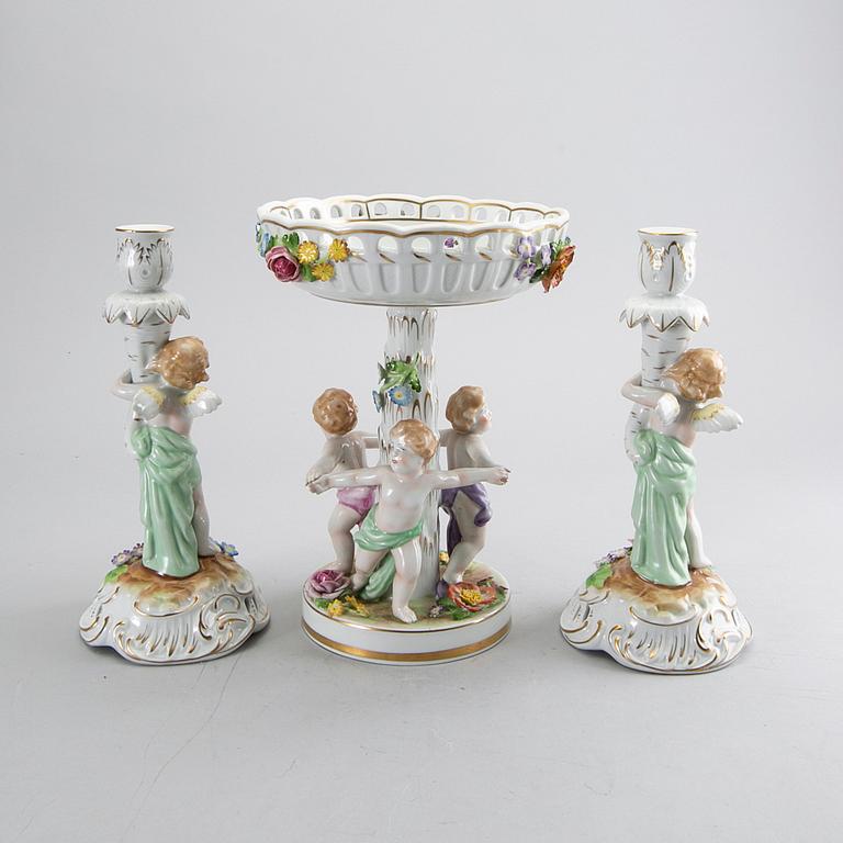 A pair of porcelain candle sticks and a bowl, Germany Schierholz mid 1900's.