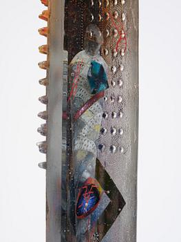 Bertil Vallien, a sand cast glass sculpture of a standing half-boat, Kosta Boda, Sweden.