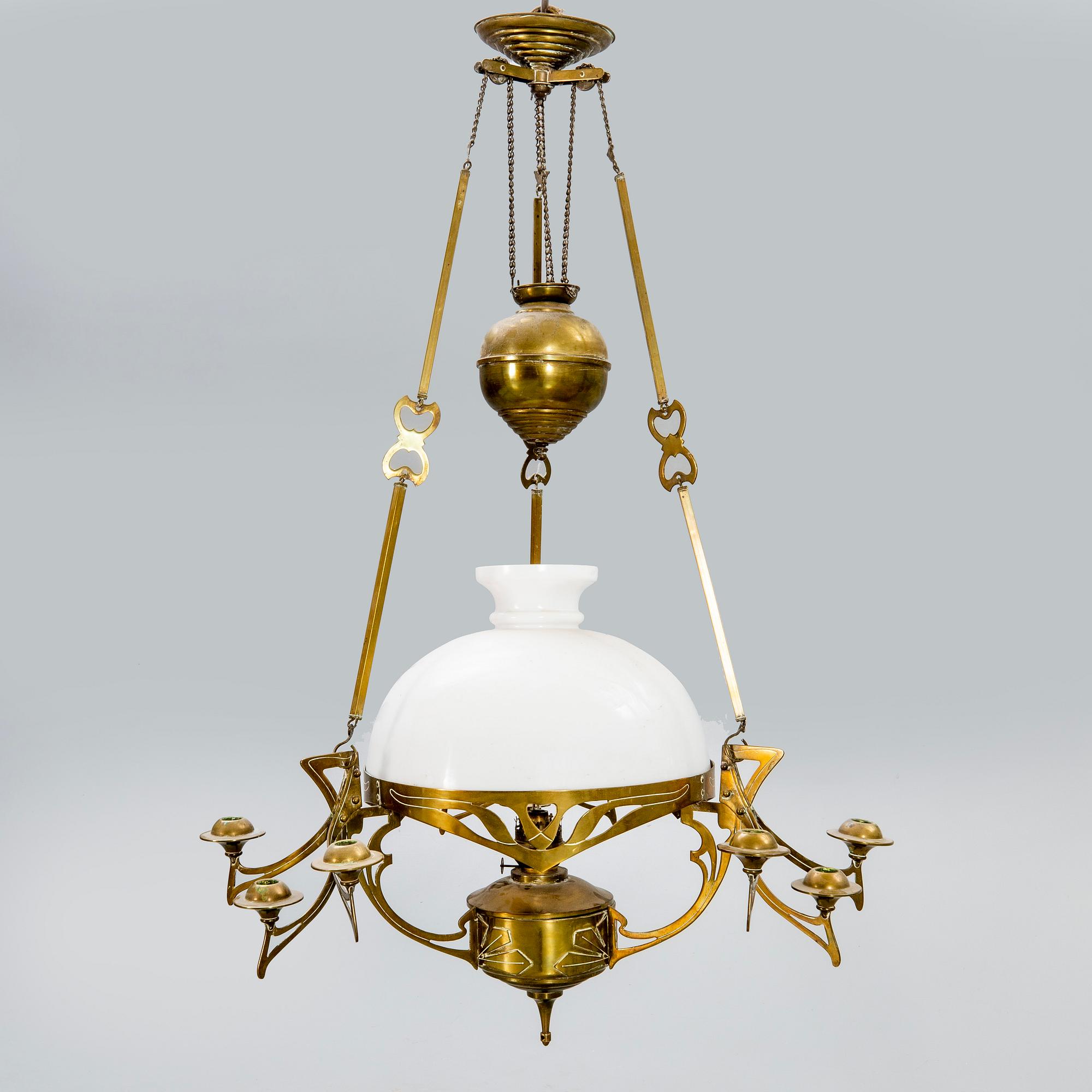 A Jugend brass celing paraffin lamp.