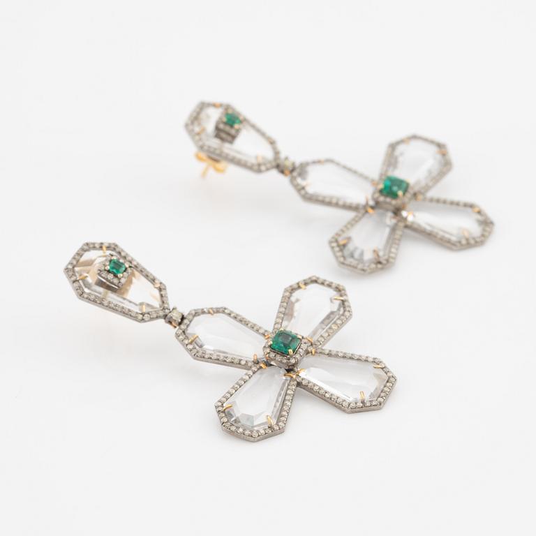 Earrings, 14K gold with rock crystal, emeralds, and diamonds.