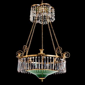109. A late Gustavian gilt-brass and green glass six-light chandelier, late 18th century.