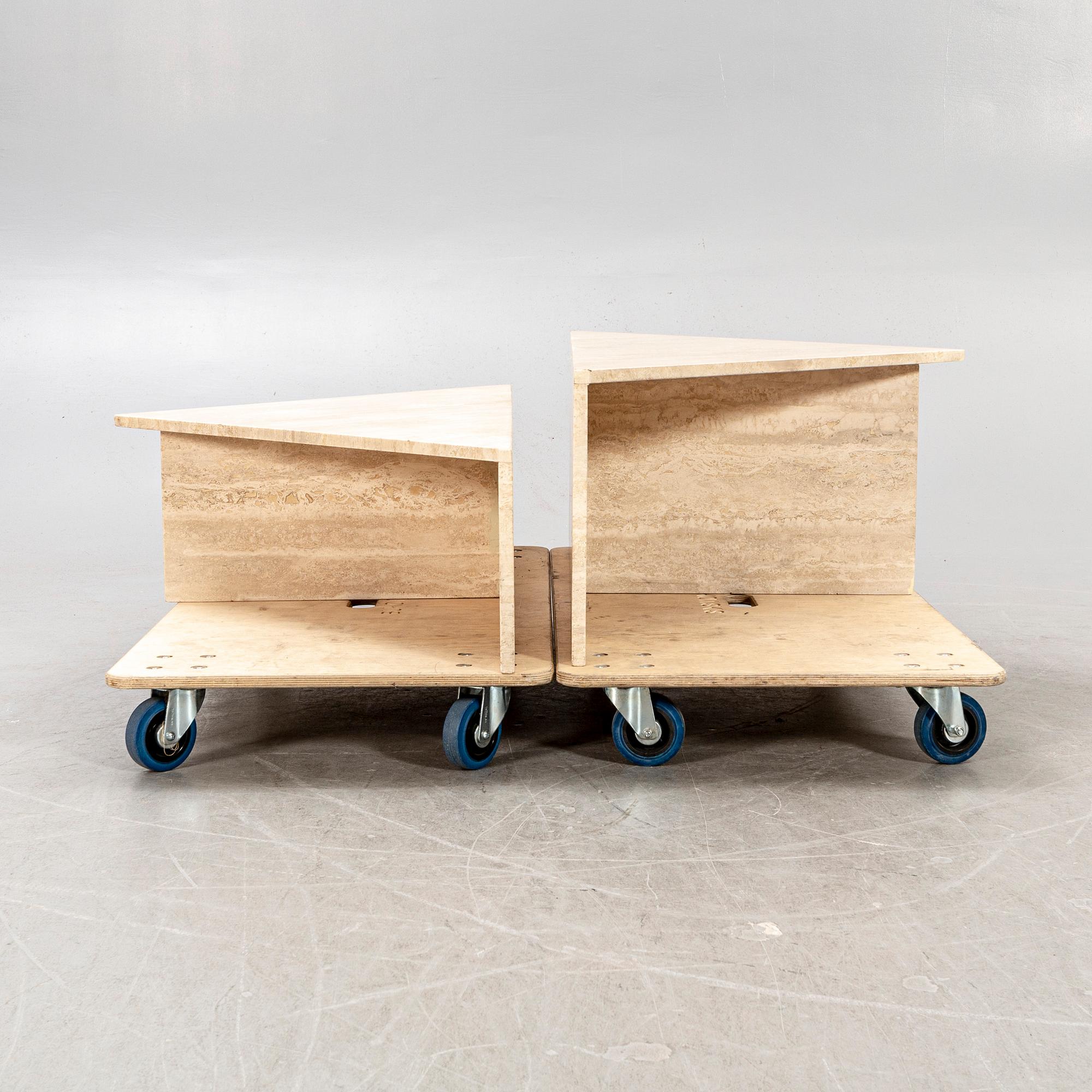 A late 20th century two pcs travertin coffee table.