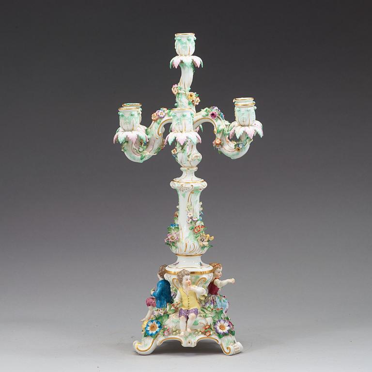 A flower-encrusted Meissen seven-light candelabra, end of 19th Century.