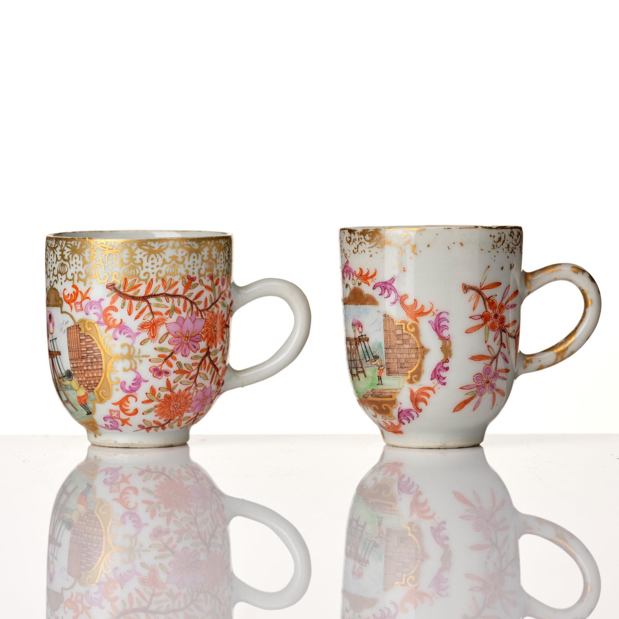 A pair of famille rose cups with saucers, Qing dynasty, Qianlong (1736-95).