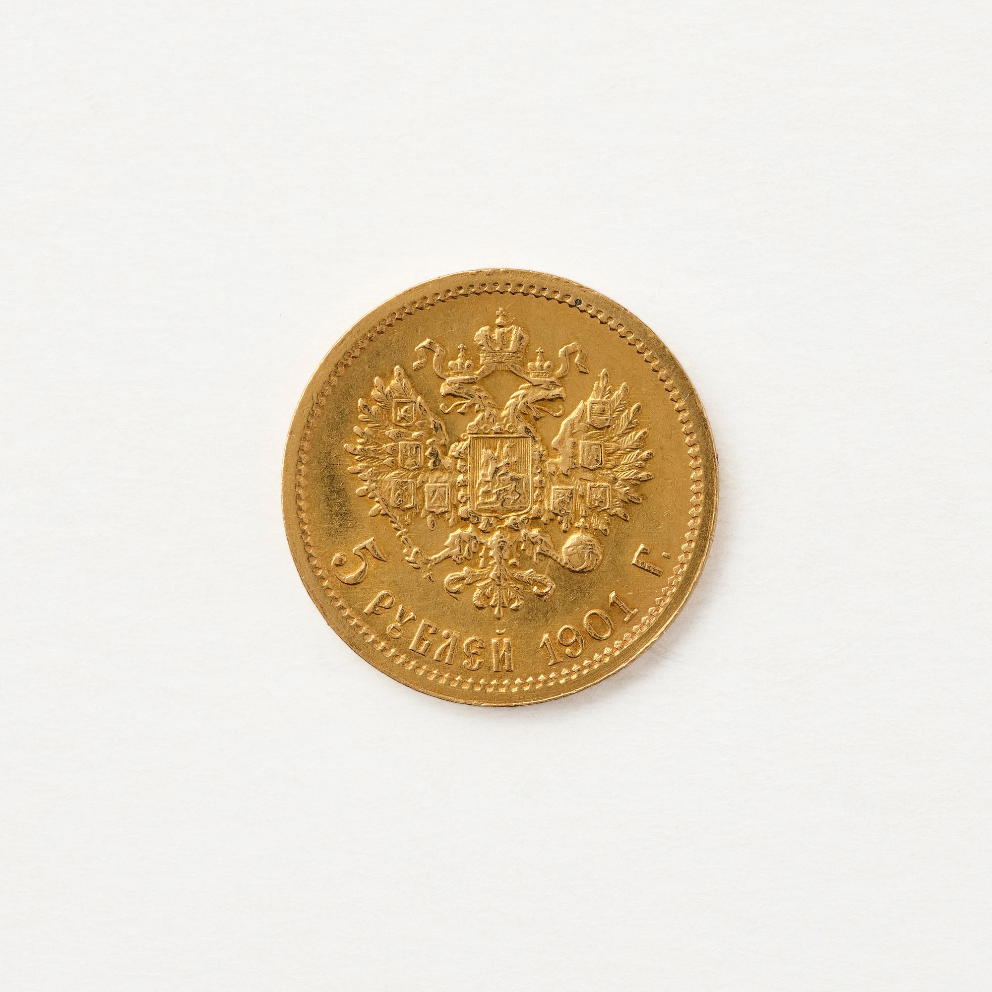 Gold coin, Nicholas II, Russia, 5 Rubles, 1901.
