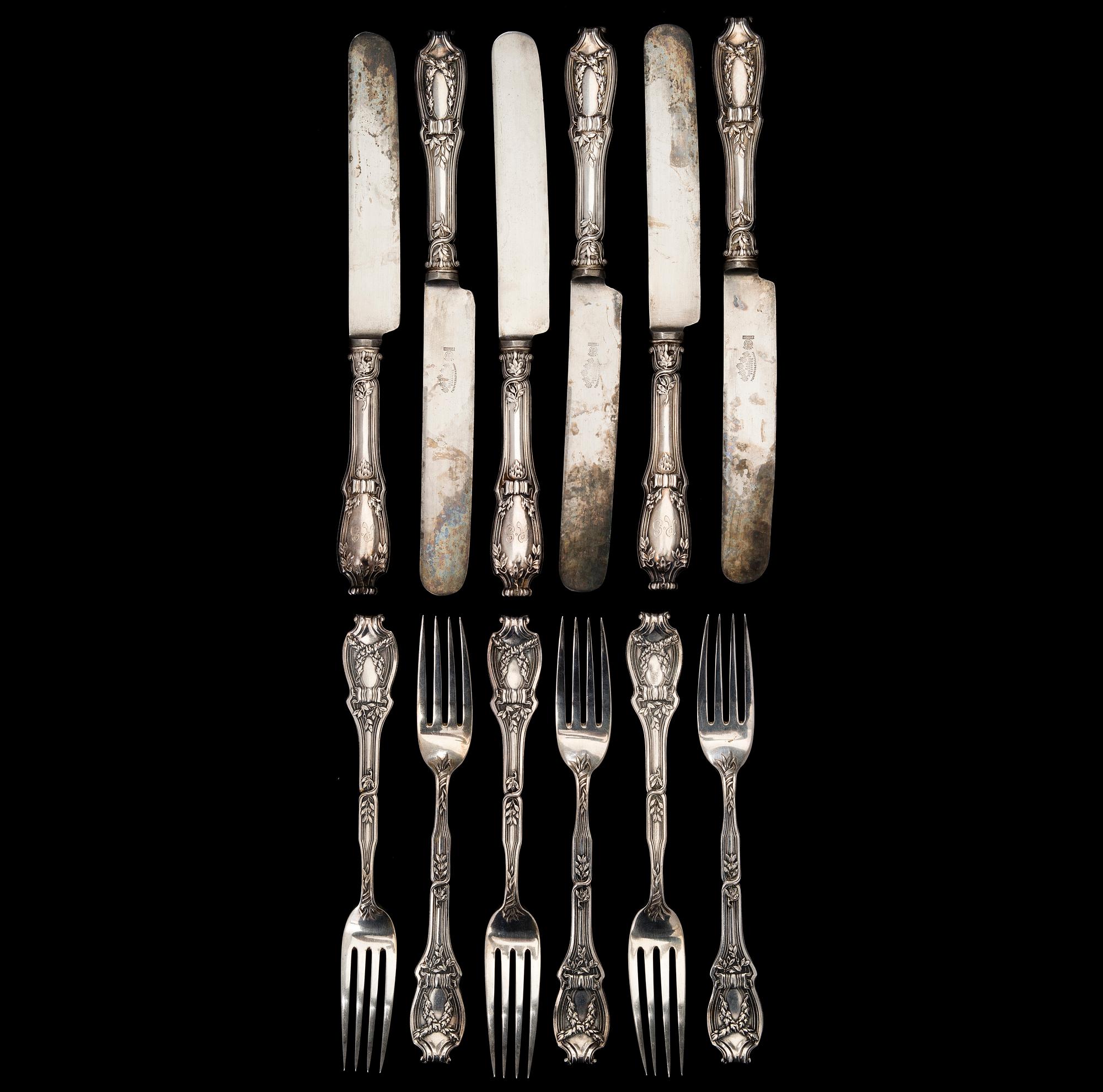 FABERGÉ KNIVAR OCH GAFFLAR, 6+6 ST, silver, Moskva 1899-1908.