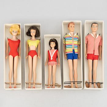 Barbie dolls, 5 pcs with accessories, Mattel, 1960s.