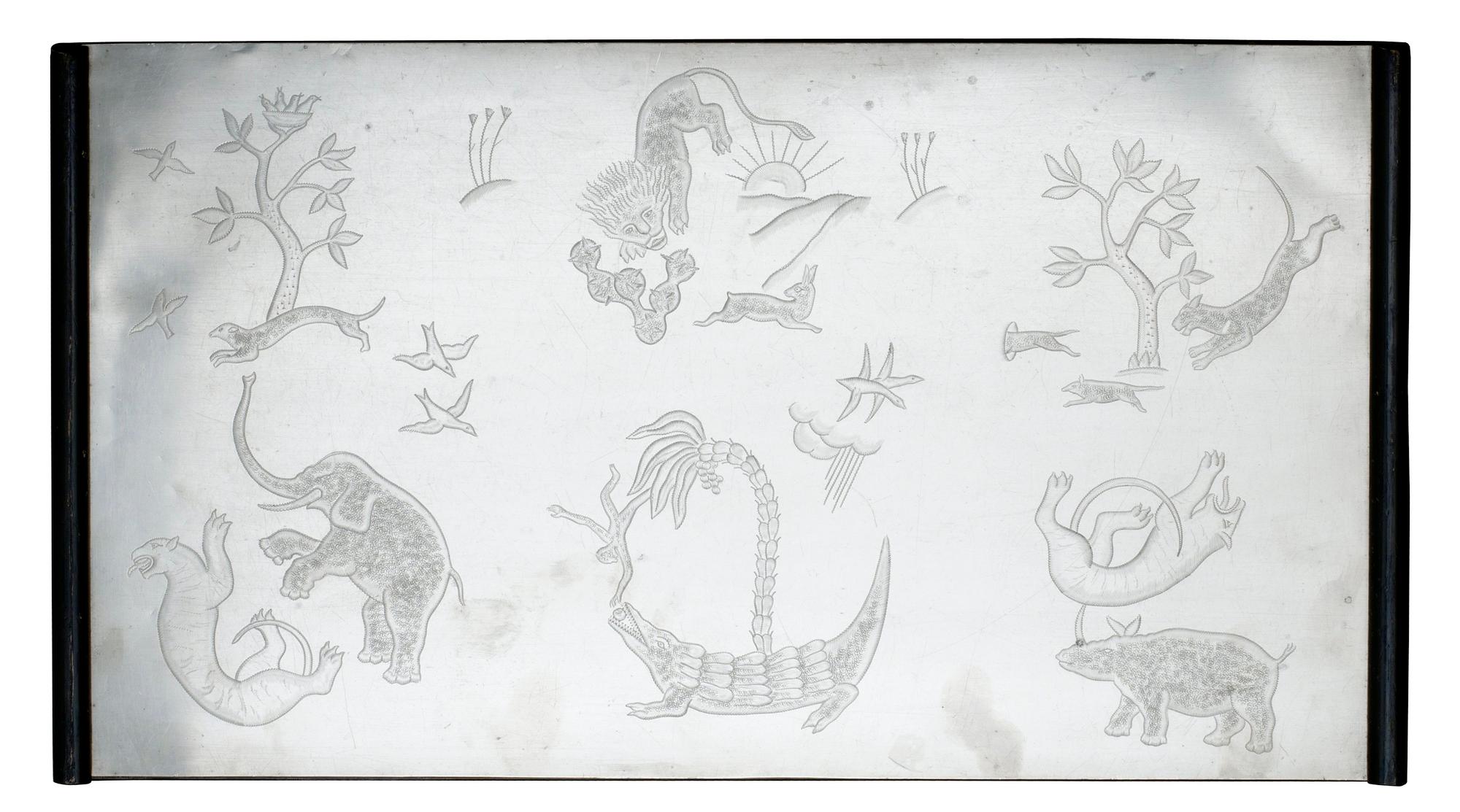 A Nils Fougstedt and Björn Trägårdh set of occasional tables in pewter and black lacquered wood for Svenskt Tenn, circa 1930, the tops with engraved scenes of figures and animals.