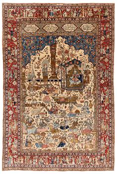 315. A signed semi-antique pictoral part silk Qum carpet, c. 341 x 224 cm.