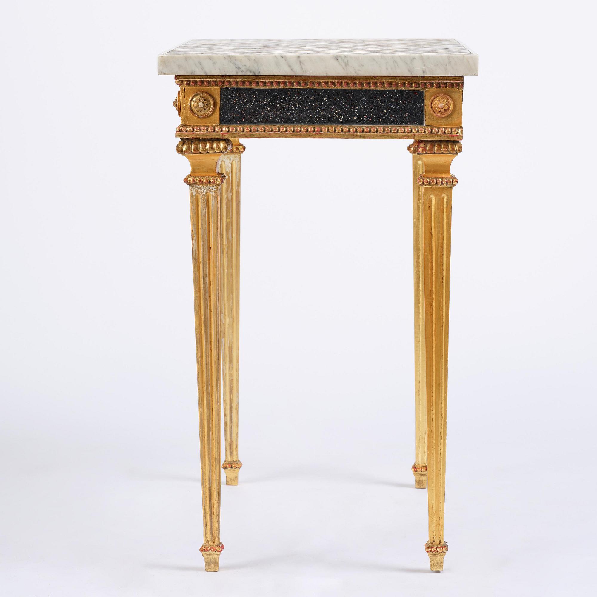 A late Gustavian giltwood console table with an Italian specimen-marble top , Stockholm, late 18th century.