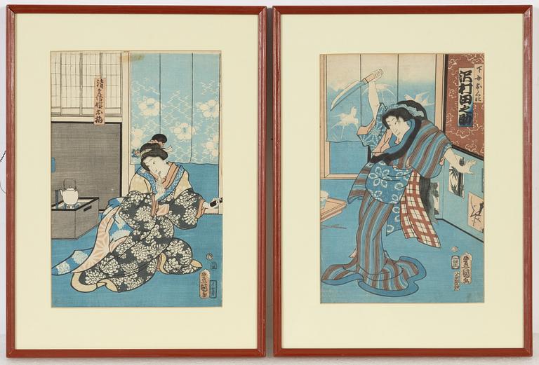 Utagawa Kunisada, färgträsnitt, 2 st, Japan, 1800-talets mitt.