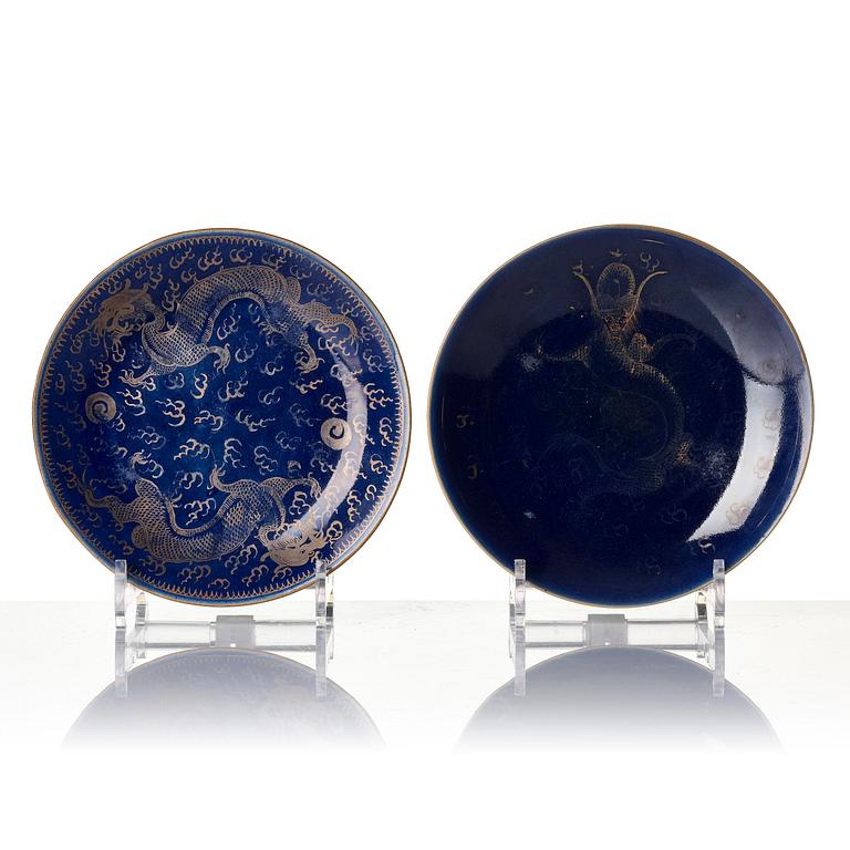 A group of 10 (8+2) blue glazed dishes, late Qing dynasty.