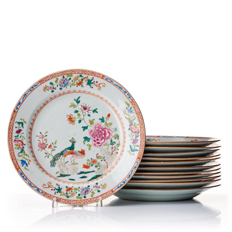 A set of 12 famille rose double peacock dishes, Qing dynasty, Qianlong (1736-95).