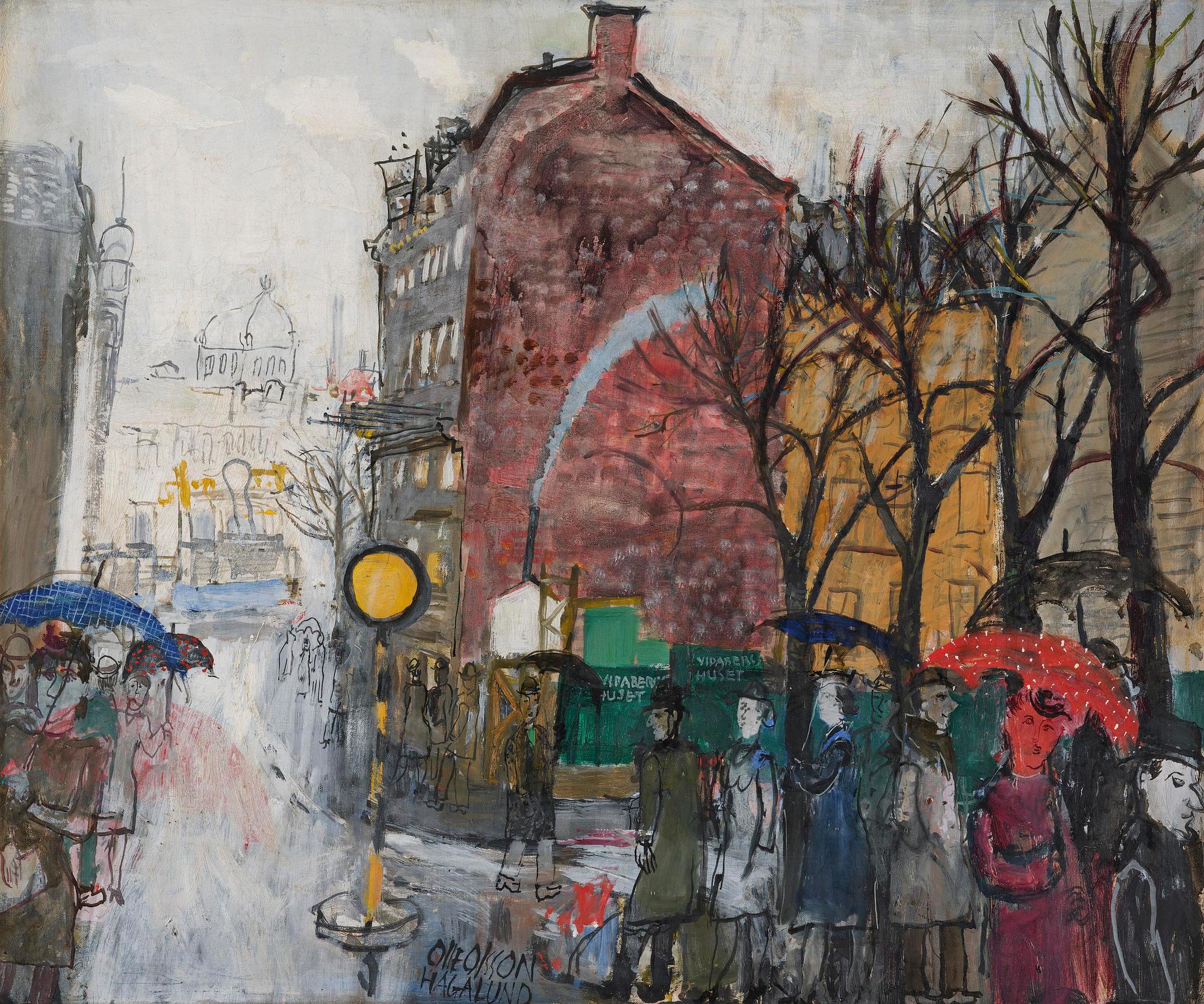 Olle Olsson-Hagalund, "Hamngatan i regnväder".