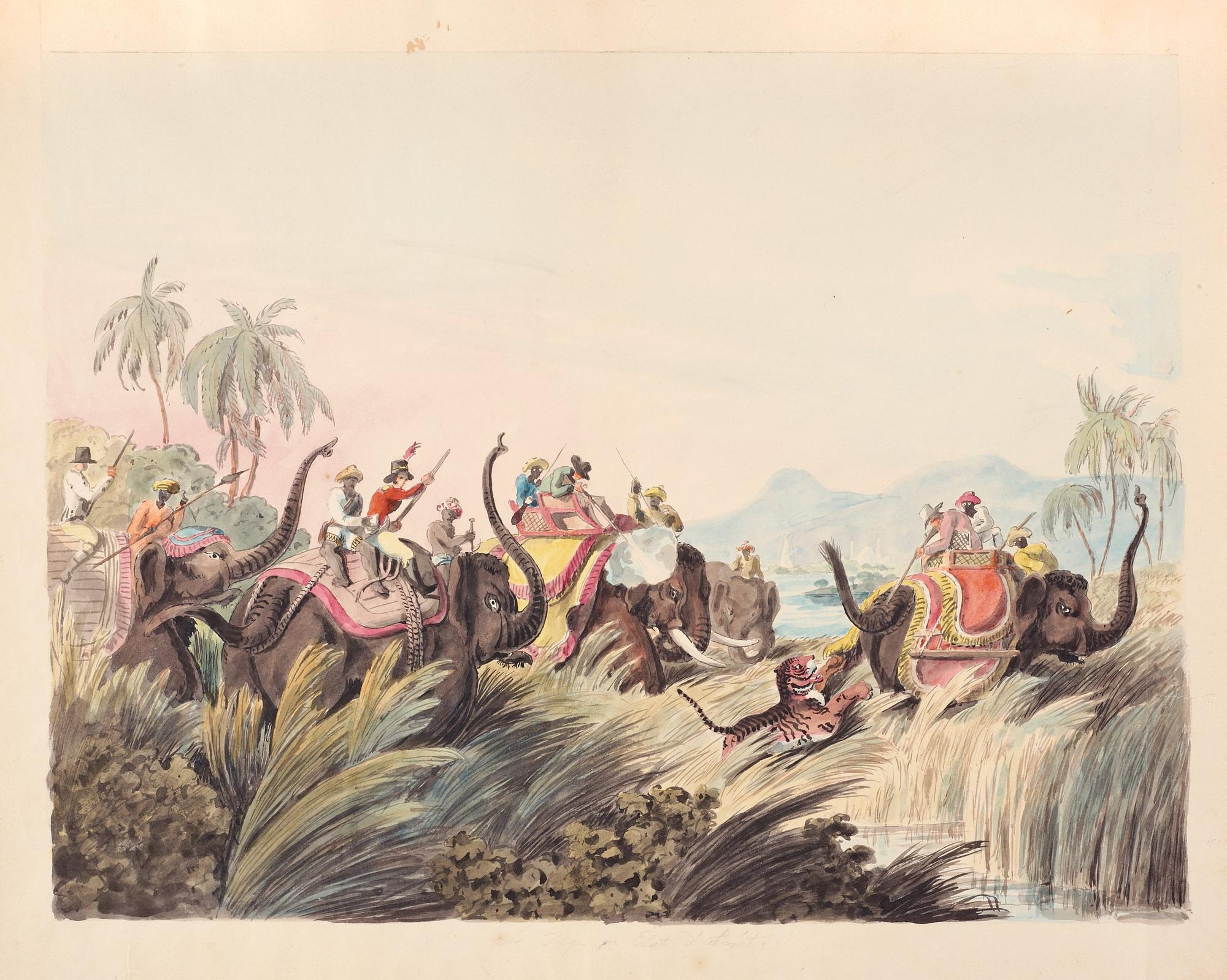Hunting scene with tiger and elephants.
