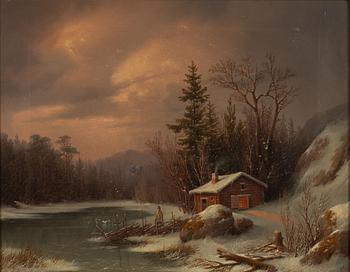Carl Abraham Rothstén, Vinterlandskap med kvinna vid timmerstuga.