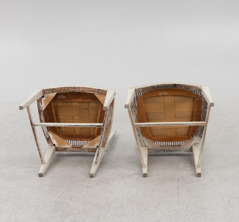 Stolar, 3 st, sengustavianska, omkring 1800. Samt en stol, sengustaviansk stil, 1900-tal.