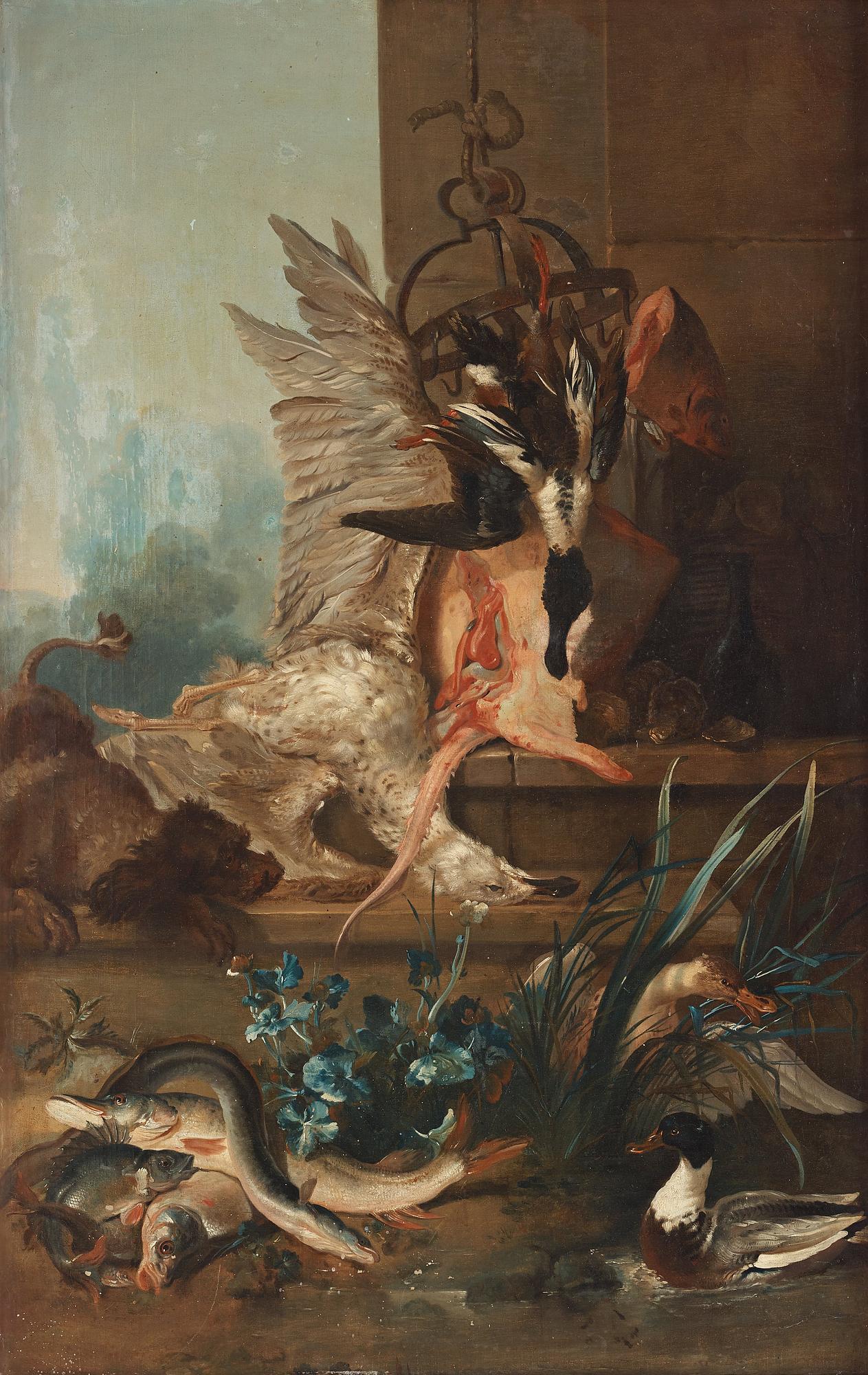 Johan Pasch Hans krets, "Stilleben med spaniel som jagar änder" ("Vattnet").