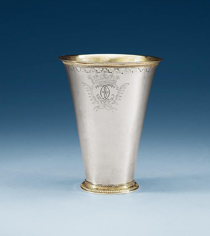 A Swedish parcel-gilt beaker, makers mark of Berendt Möllers widow, Stockholm 1726.