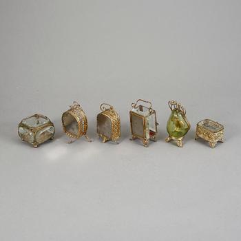 FICKURSSTÄLL, 6 st. mässing och glas. Omkring 1900.