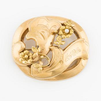 Brooch, 18K gold with a small pearl.