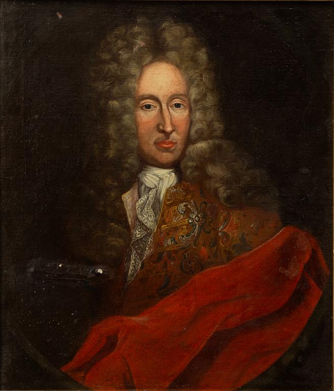 Okänd konstnär, 1700-tal, Man i peruk och röd mantel.