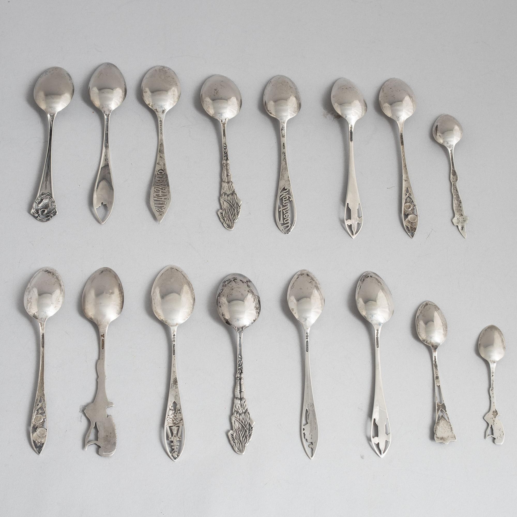 Souvenir spoons, 16 pcs, sterling silver, North America, circa first half/mid 20th Century.
