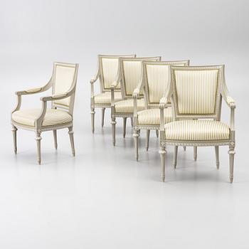 Armchairs, 5 in the Gustavian style, 20th century.