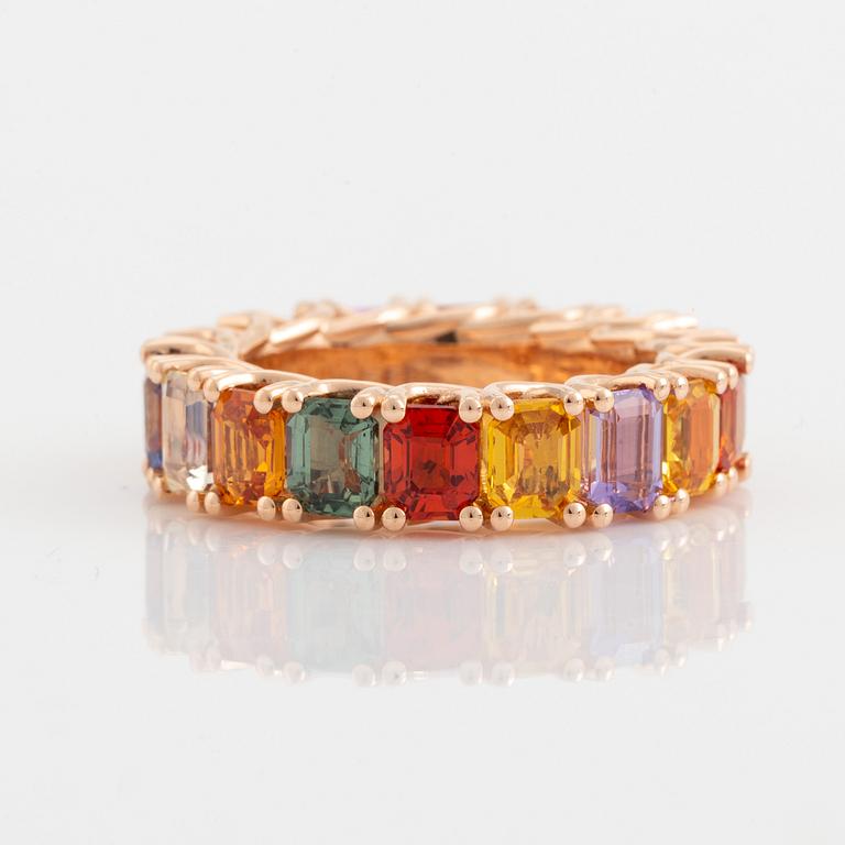 Emerald cut multi coloured sapphire ring.