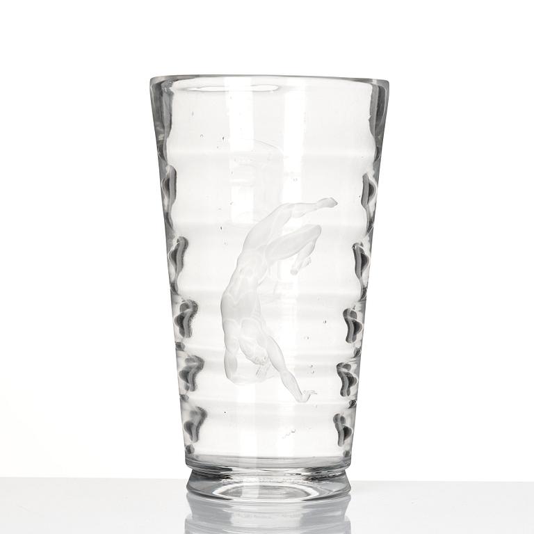 Vicke Lindstrand, an engraved and cut glass vase 'Pärlfiskare', Orrefors, Sweden 1936.