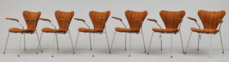 KARMSTOLAR, 6 st, "Sjuan", Arne Jacobsen, Fritz Hansen, formgiven 1955.