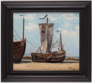 Carl Flodman, Beach scene with moored boats. In the background, so-called "Strandkorben" (beach chairs) and figures, possibly Skagen or Skåne.