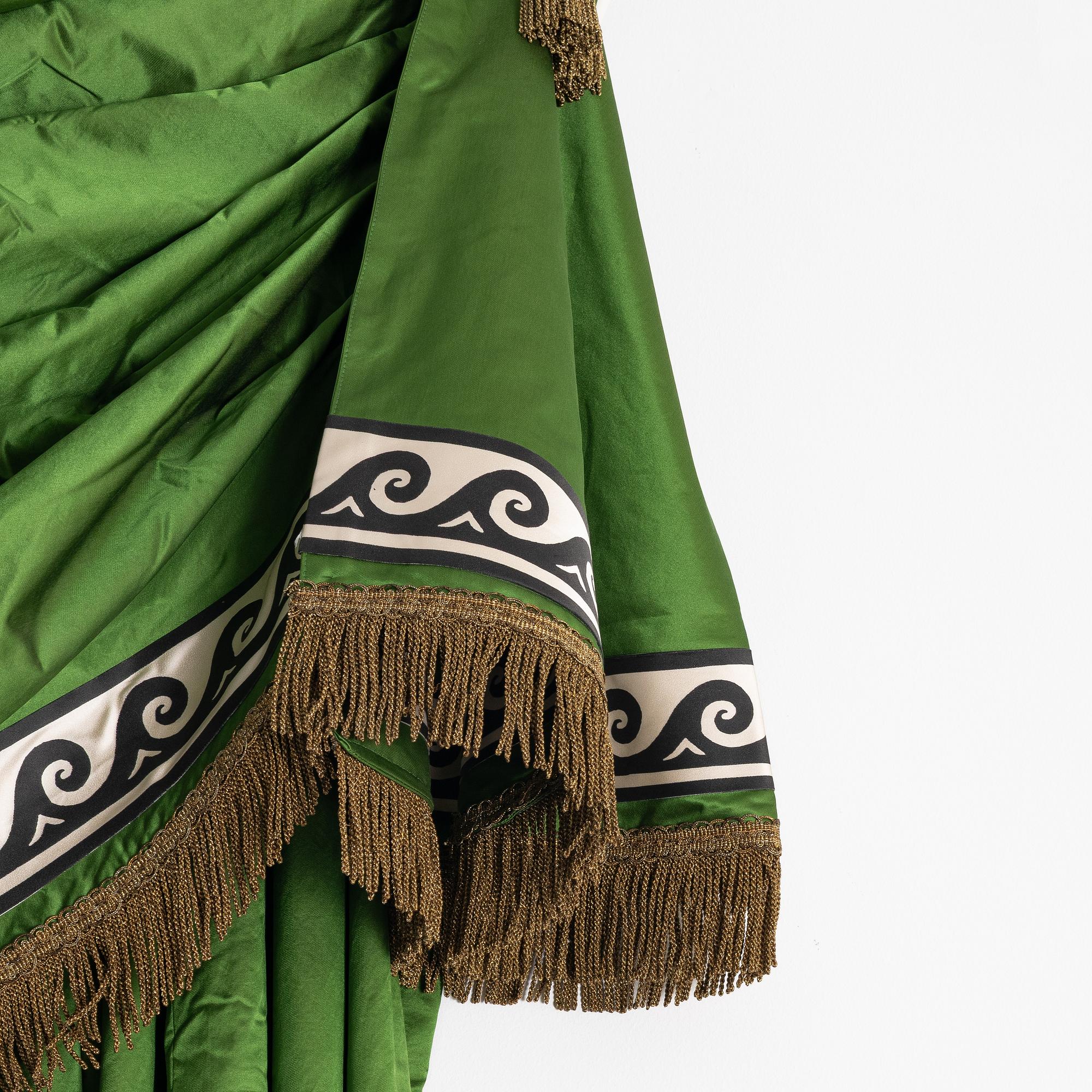 Curtains, a pair, green silk with ribbon embroidery.