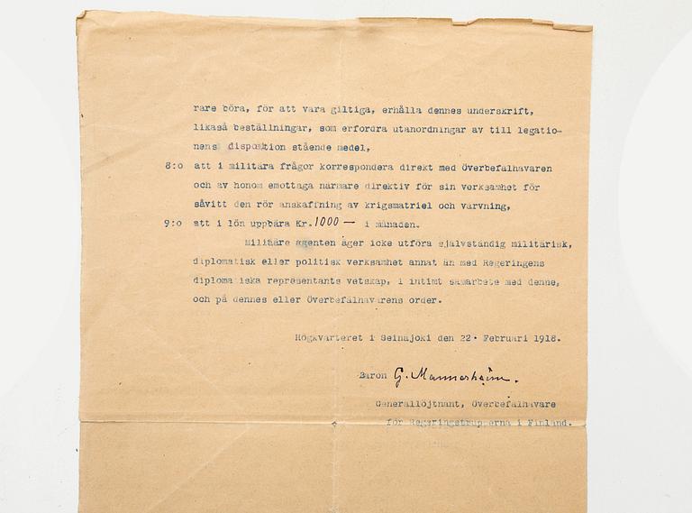 Gustaf Mannerheim 1867-1951, Finland, baron, military leader and statesman. Signed document Swedish Brigade 1918.
