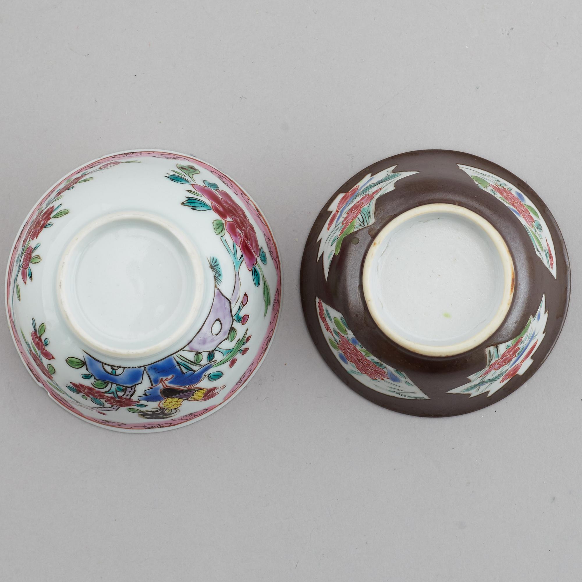 A famille rose butter tureen with cover and two cups with three odd stands, Qing dynasty, Qianlong (1736-95).