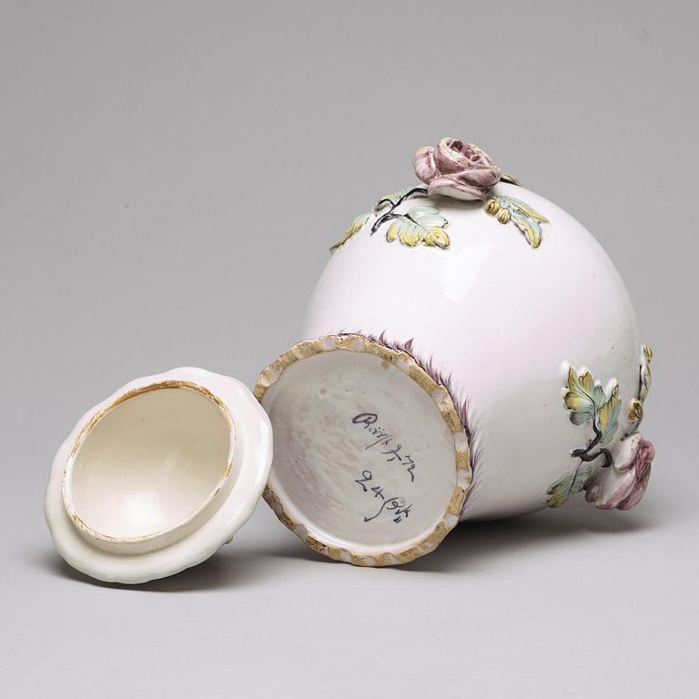 A Swedish Rörstrand faience vase with cover, dated 9/1 (17)72.