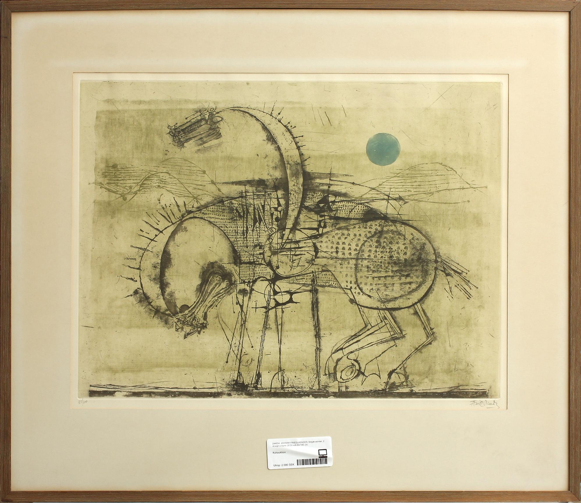 JOHNNY FRIEDLAENDER, färgakvatinter, 2 st,sign o numr 38/50 och 83/100.