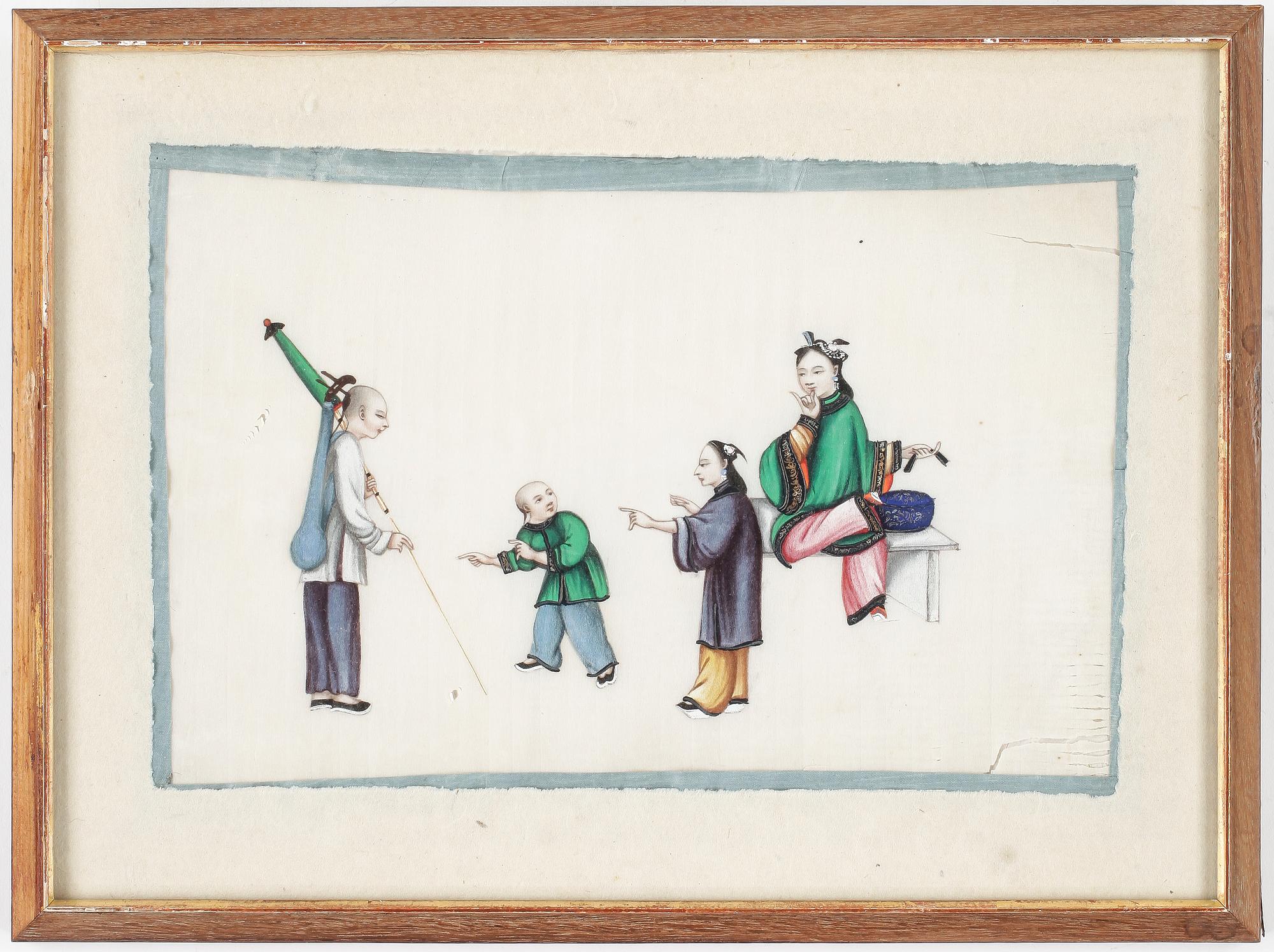 GOUACHER, på rispapper, 3st, Qing, Kina.