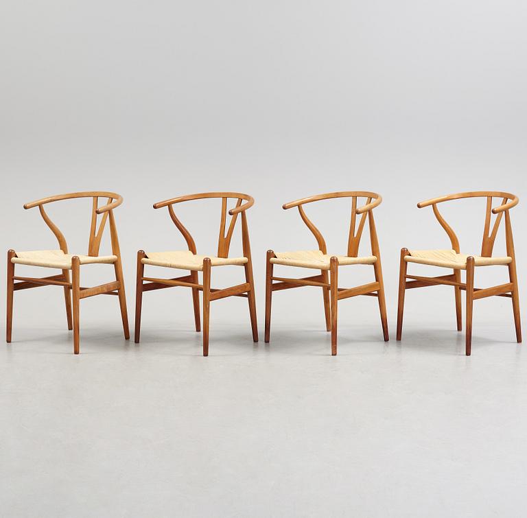 A set of four + two armchairs 'Y-chair' by Hans J Wegner, Carl Hansen & Son, Denmark.