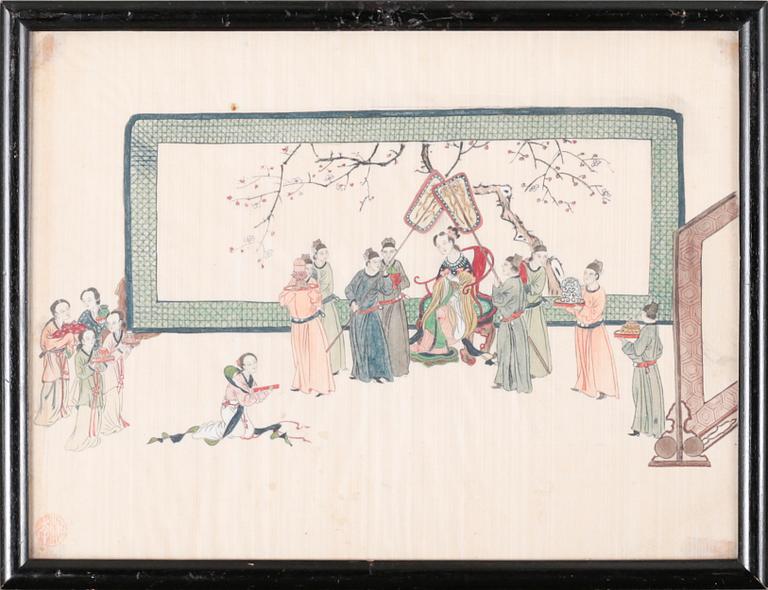 UNKNOWN ARTIST, four silk paintings, 20th century.