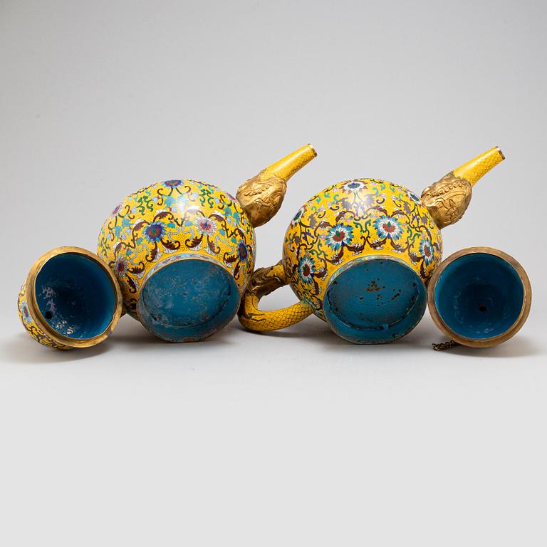 A pair of large cloisonne tea pots with covers, China, second half of the 20th Century.