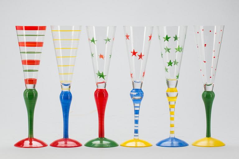 CHAMPAGNESTRUTAR, 6 st. "Clown", signerade, design Anne Nilsson, Orrefors.