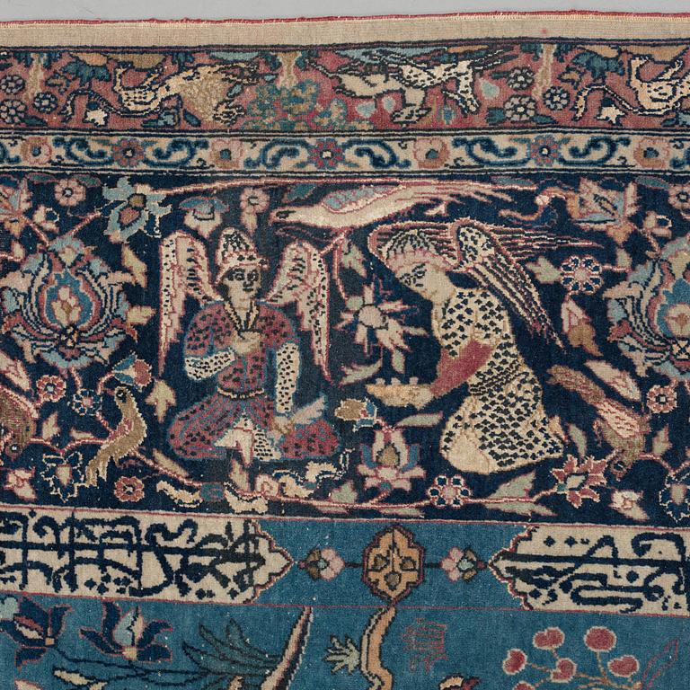 A CARPET, an antique/semi-antique Tabriz part silk figural, ca 345-346 x 217,5-232 cm.