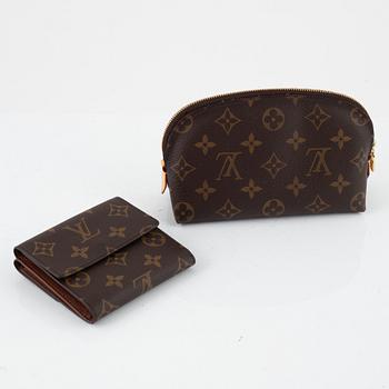 Louis Vuitton, makeup bag and wallet.