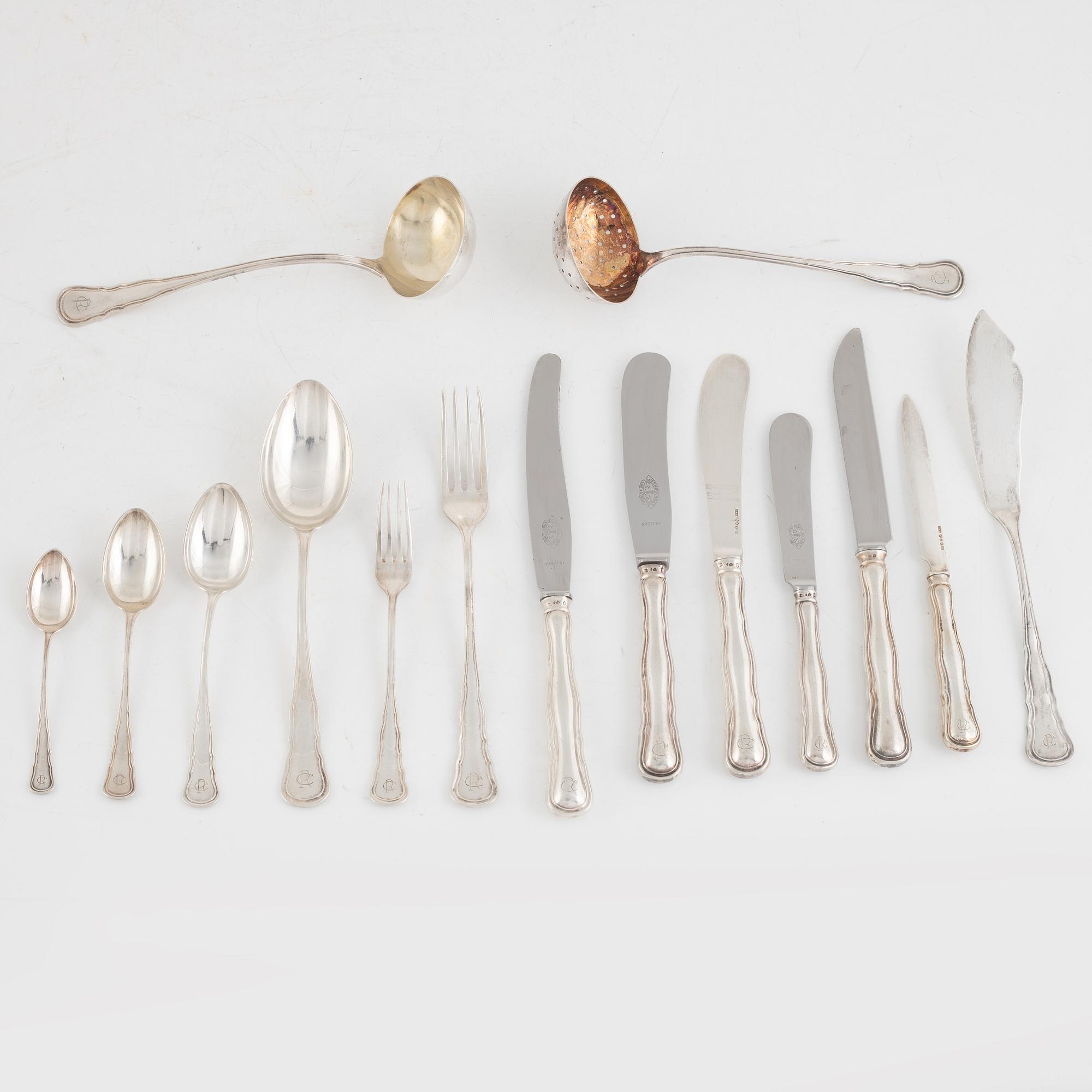 Bestickuppsättning, 78 delar, silver, "Hallbergs Chippendale", CG Hallberg, Stockholm, bl a 1934.